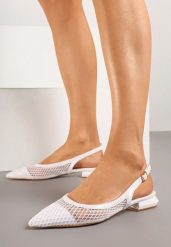 Białe Sandały Slingback z Siateczki ze Szpiczastym Noskiem Niloriae. Białe sandały damskie Renee, bez wzorów, z jeansu, bez obcasa, na płaskiej podeszwie. Za 79.99 zł.