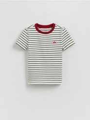 Bawełniany t-shirt w paski - złamana biel. Koszulki dziewczęce Reserved, bez wzorów, z bawełny, bez ramiączek. Za 32.99 zł.