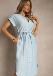 Niebieska Koszulowa Rozkloszowana Sukienka z Wiskozy z Paskiem Katilene. Niebieskie sukienki damskie Renee, na co dzień, l, bez wzorów, z wiskozy, eleganckie, bez kołnierzyka, bez ramiączek, midi, koszulowe. W wyprzedaży za 103.99 zł.