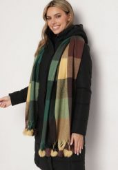 Zielony Prostokątny Szalik z Kolorowymi Pomponami Komo. Zielone szaliki i kominy damskie Born2be, bez wzorów, z bawełny. Za 44.99 zł.