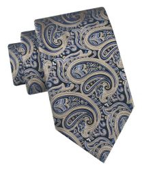 Klasyczny Krawat Męski - Chattier - Duże Paisley, Złoto i Granat. Niebieskie krawaty i muchy męskie Chattier, bez wzorów, z tkaniny, eleganckie. Za 49.00 zł.