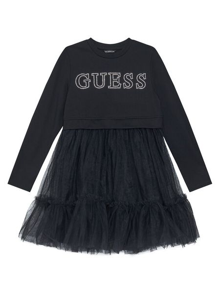 Guess Sukienka codzienna J5YK03 KAUH0 Czarny Regular Fit. Czarne sukienki dziewczęce Guess, z aplikacjami, z syntetyku, bez ramiączek. Za 189.99 zł.
