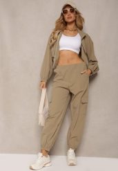 Ciemnobeżowy Komplet Dresowy Spodnie Bojówki z Gumką w Pasie i Bluza na Suwak Zakończona Ściągaczem na Dole Tiazena. Brązowe bluzy bez kaptura damskie Renee, l, z dresówki. Za 149.99 zł.