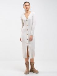 BIG STAR Sukienka w kolorze kremowym rozmiar: M. Brązowe sukienki damskie Big Star, m, bez wzorów, prążkowane, retro, bez kołnierzyka, bez ramiączek, maxi. Za 144.99 zł.