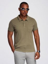 Koszulka polo klasyczna z bawełnianej dzianiny – ciemnooliwkowa V5 - Rozmiar: S. Zielone koszulki polo męskie Ombre Clothing, m, bez wzorów, z bawełny, bez ramiączek. W wyprzedaży za 97.49 zł.