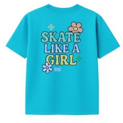 Koszulka dziecięca Skate Like a Girl – skate style dla dziewczynek (błękitna). Białe koszulki dziewczęce Bumpie Crew, l, bez wzorów, z bawełny, bez ramiączek. Za 89.00 zł.