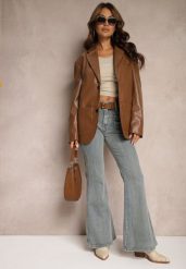 Jasnoniebieskie Jeansy z Bawełny Dzwony High Waist z Paskiem i Ozdobnymi Kieszeniami Mevalia. Niebieskie jeansy damskie Renee, z podwyższonym stanem. Za 119.99 zł.