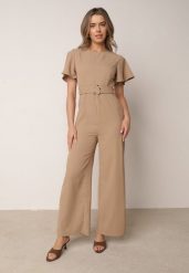 Beżowy Kombinezon VICES z Paskiem i Geometryczną Klamrą Elinassa. Brązowe kombinezony damskie Born2be, l, bez wzorów, biznesowe, bez kołnierzyka, bez ramiączek. Za 179.99 zł.