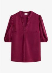Bluzka tunikowa z lejącej satyny. Fioletowe bluzki damskie bonprix, bez wzorów, z satyny, bez kołnierzyka, bez ramiączek. Za 129.99 zł.