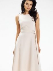 Sukienka Model A633 Beige - awama. Brązowe sukienki damskie Awama, na spotkanie biznesowe, l, bez wzorów, z elastanu, eleganckie, bez kołnierzyka, plus size, bez ramiączek, midi, dopasowane. Za 274.07 zł.