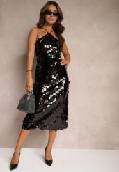 Czarna Cekinowa Sukienka o Asymetrycznym Fasonie z Ozdobnym Wiązaniem na Plecach Leriseli. Czarne sukienki damskie Renee, z aplikacjami, eleganckie, z asymetrycznym kołnierzem, bez ramiączek, midi, asymetryczne. W wyprzedaży za 83.99 zł.