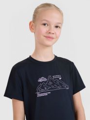 4F Koszulka trekkingowa slim z nadrukiem dziewczęca - czarna 122/128 (6-8 lat). Czarne koszulki dziewczęce 4f, bez wzorów, z dzianiny, bez ramiączek. W wyprzedaży za 29.99 zł.