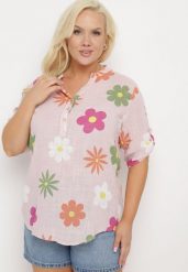 Różowa Koszula z Lnu i Bawełny w Kwiaty z Krótkim Rękawem Ambubia. Czerwone koszule damskie Born2be, na lato, plus size, bez wzorów, z bawełny, bez kołnierzyka, plus size, bez ramiączek. Za 79.99 zł.
