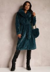 Ciemnozielony Płaszcz Futrzany Teddy z Wiązanym Paskiem i Torebką Voda. Zielone płaszcze damskie Renee, s, bez wzorów, z futra, eleganckie. Za 349.99 zł.