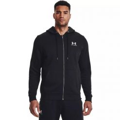 Bluza fitness męska Under Armour Essential Fleece Full Zip Hood. Czarne bluzy bez kaptura męskie Under Armour, bez wzorów, sportowe, bez kołnierzyka, bez ramiączek. Za 229.99 zł.