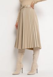 Jasnobeżowa Spódnica Plisowana z Imitacji Skóry Obono. Brązowe spódniczki damskie Born2be, l, bez wzorów, ze skóry, eleganckie, midi, koszulowe. Za 159.99 zł.