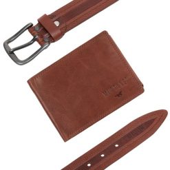 ZESTAW PREZENTOWY MUSTANG - SKÓRZANY PORTFEL I PASEK MĘSKI BROWN. Brązowe paski męskie Mustang, bez wzorów, ze skóry. Za 199.99 zł.