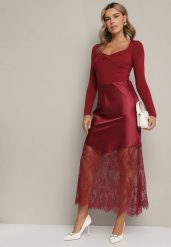 Bordowa Satynowa Spódnica Ozdobiona Koronką Milori. Czerwone spódniczki damskie Born2be, na lato, l, z aplikacjami, z koronki, biznesowe, maxi. Za 84.99 zł.