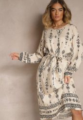 Jasnobeżowa Pudełkowa Sukienka Boho w Etniczne Wzory z Paskiem Lisalenea. Brązowe sukienki damskie Renee, na co dzień, na lato, s, bez wzorów, boho, bez kołnierzyka, bez ramiączek, midi. W wyprzedaży za 76.99 zł.