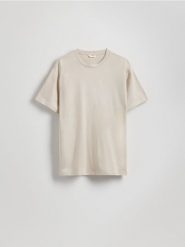 T-shirt comfort z dodatkiem lnu - beżowy. Brązowe t-shirty męskie Reserved, l, bez wzorów, z bawełny, bez kołnierzyka. Za 89.99 zł.