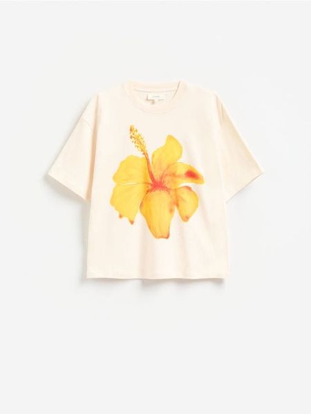 Bawełniany t-shirt z nadrukiem - kremowy. Białe t-shirty damskie Reserved, l, bez wzorów, z bawełny, bez kołnierzyka. Za 79.99 zł.