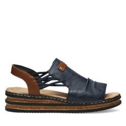 Sandały Rieker. Niebieskie sandały damskie Rieker, bez wzorów, bez obcasa, na płaskiej podeszwie. Za 239.99 zł.