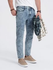 Spodnie męskie jeansowe slim fit z przeszyciem na kolanach - niebieskie V1 OM-PADP-0109 - XXL. Niebieskie spodnie materiałowe męskie Ombre Clothing, bez wzorów, z bawełny. W wyprzedaży za 69.99 zł.