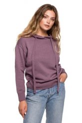 Sweter z Kapturem w Formie Bluzy - Wrzosowy. Fioletowe swetry klasyczne damskie MOE, l, z bawełny, bez kołnierzyka. Za 238.90 zł.