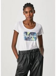Pepe Jeans FOOTWEAR Koszulka w kolorze białym rozmiar: S. Białe bluzki damskie Pepe Jeans FOOTWEAR, s, bez wzorów, z jeansu, bez kołnierzyka, bez ramiączek. Za 39.49 zł.