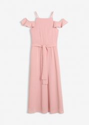 Rozkloszowana sukienka z szyfonu. Czerwone sukienki dziewczęce bonprix, na lato, bez wzorów, z szyfonu, eleganckie, bez ramiączek, długie. Za 137.99 zł.