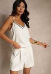 Beżowy Wiskozowy Top na Ramiączkach z Lnem Zdobiony Haftem Zireia. Brązowe topy damskie Renee, m, z aplikacjami, z jeansu, bez kołnierzyka. Za 49.99 zł.