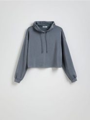 Krótka bluza z kapturem - ciemnoszary. Szare bluzy z kapturem damskie Reserved, l, z dzianiny. Za 89.99 zł.