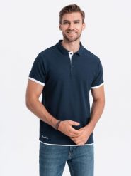 Bawełniana męska koszulka polo z kontrastowymi wykończeniami – granatowa V4 OM-POSS-0113 - XXL. Niebieskie koszulki polo męskie Ombre Clothing, l, bez wzorów, z bawełny, bez ramiączek. Za 71.99 zł.