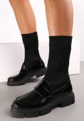 Czarne Botki Mokasyny z Elastyczną Cholewką Kellesha. Czarne botki damskie Renee, bez obcasa, na płaskiej podeszwie, bez zapięcia. Za 139.99 zł.