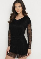 Czarna Sukienka Koronkowa z Gumką w Talii Naplisa. Czarne sukienki damskie Born2be, uniwersalny, bez wzorów, z koronki, eleganckie, bez kołnierzyka, bez ramiączek, mini. W wyprzedaży za 111.99 zł.