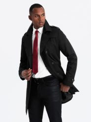 Elegancki płaszcz męski trencz SLIM FIT z paskiem – czarny V2 OM-COSC-0126 - XXL. Czarne płaszcze męskie Ombre Clothing, l, bez wzorów, z materiału, eleganckie. Za 251.99 zł.