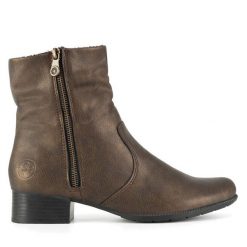 Botki Rieker. Brązowe botki damskie Rieker, bez obcasa, na płaskiej podeszwie, bez zapięcia. Za 319.99 zł.