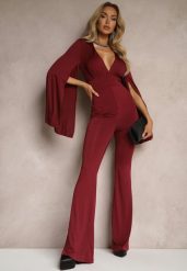 Bordowy Dopasowany Kombinezon z Rozkloszowanymi Rękawami i Głębokim Dekoltem Andrika. Czerwone kombinezony damskie Renee, m, bez wzorów, eleganckie, bez kołnierzyka, bez ramiączek. Za 119.99 zł.