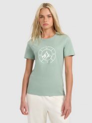 4F T-shirt regular z nadrukiem damski - zielony M. Zielone t-shirty damskie 4f, m, bez wzorów, z bawełny, bez kołnierzyka. Za 59.99 zł.