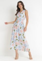 Jasnoniebieska Sukienka Maxi z Gumką w Pasie i Kopertowym Dekoltem w Kwiaty Shreya. Niebieskie sukienki damskie Born2be, l, bez wzorów, bez kołnierzyka, bez ramiączek, maxi, kopertowe. W wyprzedaży za 47.99 zł.