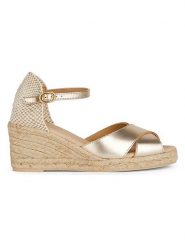 Geox Skórzane sandały "Gelsa" w kolorze złotym rozmiar: 38. Żółte sandały damskie Geox, bez wzorów, z materiału, bez obcasa, na koturnie. Za 217.99 zł.