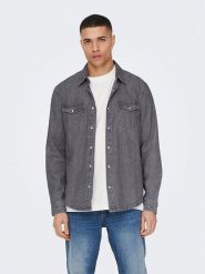 ONLY & SONS Koszula dżinsowa - Regular fit - w kolorze szarym rozmiar: M. Szare koszule męskie Only & Sons, m, bez wzorów, z bawełny, bez kołnierzyka, bez ramiączek. Za 83.22 zł.