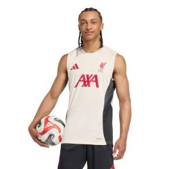 Koszulka bez rękawów Liverpool FC Competition 2025/26. Białe t-shirty sportowe męskie Adidas, bez ramiączek, do piłki nożnej. Za 191.65 zł.