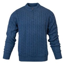 Sweter z Bawełny, Splot Warkoczowy i Wysoki Dekolt - Pako Jeans - Niebieski. Niebieskie kardigany męskie Pako Jeans, na wiosnę, l, bez wzorów, z bawełny, eleganckie, bez kołnierzyka. Za 209.00 zł.