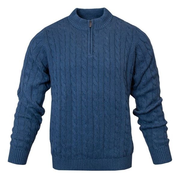 Sweter z Bawełny, Splot Warkoczowy i Wysoki Dekolt - Pako Jeans - Niebieski. Niebieskie kardigany męskie Pako Jeans, na wiosnę, l, bez wzorów, z bawełny, eleganckie, bez kołnierzyka. Za 209.00 zł.