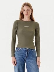 Guess Jeans Bluzka W5YP38 KA0H1 Khaki Slim Fit. Brązowe bluzki damskie Guess Jeans, xl, z aplikacjami, z bawełny, bez ramiączek. Za 139.99 zł.