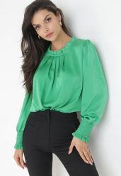 Zielona Bluzka z Wiskozy ze Stójką i Bufiastymi Rękawami Acanthielle. Zielone bluzki damskie Born2be, s, bez wzorów, z wiskozy, bez kołnierzyka, bez ramiączek. Za 59.99 zł.