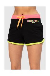 MOSCHINO Czarne szorty damskie z neonowym logo. Czarne szorty damskie MOSCHINO, bez wzorów, z bawełny. W wyprzedaży za 299.99 zł.