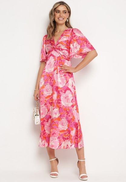 Różowa Rozkloszowana Sukienka z Marszczonym Dekoltem i Gumką w Pasie Ozdobiona Rozcięciami Balpia. Czerwone sukienki damskie Born2be, na co dzień, l, bez wzorów, eleganckie, bez kołnierzyka, bez ramiączek, mini, proste. Za 159.99 zł.