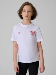 4F Koszulka kibica dziecięca - biała 152 (11-12 lat). Białe koszulki dziewczęce 4f, bez wzorów, z bawełny, bez ramiączek. Za 39.99 zł.